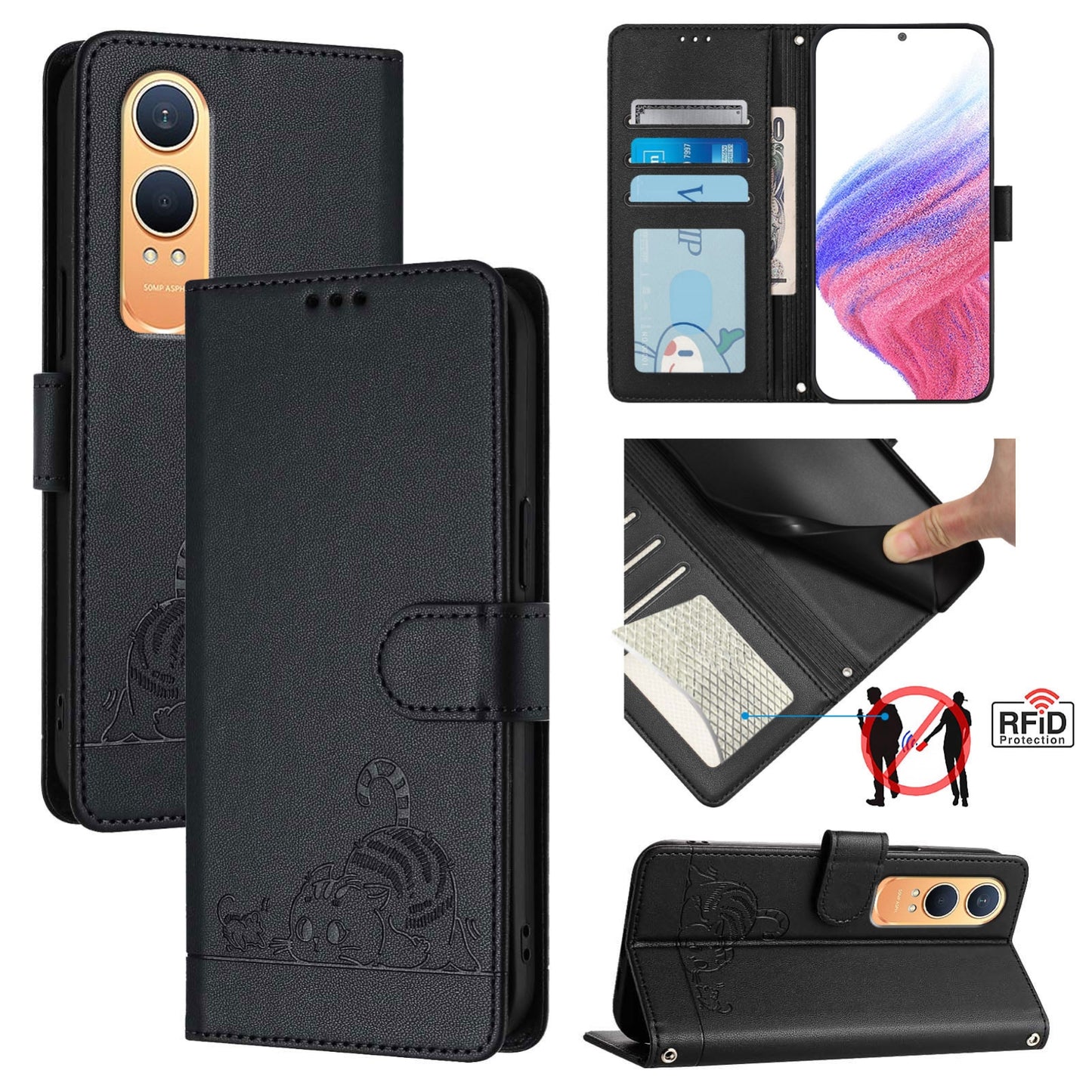 OnePlus Nord CE4 Lite Leather Phone Case with Cat and Rat Embossed Pattern, RFID Protection, Card Holder Slots, Anti-fall Feature & Lanyard