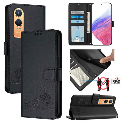 OnePlus Nord CE4 Lite Leather Phone Case with Cat and Rat Embossed Pattern, RFID Protection, Card Holder Slots, Anti-fall Feature & Lanyard