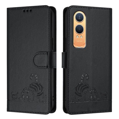OnePlus Nord CE4 Lite Leather Phone Case with Cat and Rat Embossed Pattern, RFID Protection, Card Holder Slots, Anti-fall Feature & Lanyard