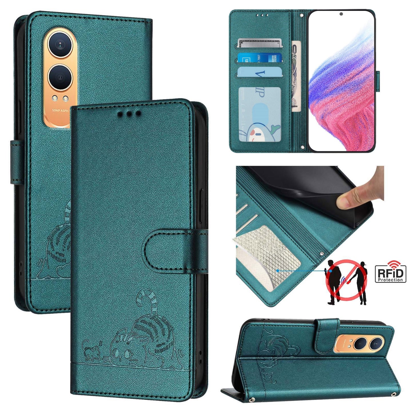 OnePlus Nord CE4 Lite Leather Phone Case with Cat and Rat Embossed Pattern, RFID Protection, Card Holder Slots, Anti-fall Feature & Lanyard