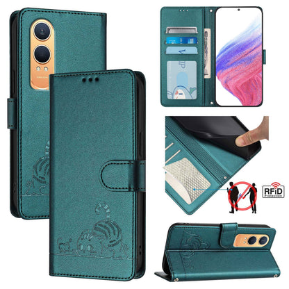 OnePlus Nord CE4 Lite Leather Phone Case with Cat and Rat Embossed Pattern, RFID Protection, Card Holder Slots, Anti-fall Feature & Lanyard