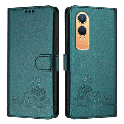 OnePlus Nord CE4 Lite Leather Phone Case with Cat and Rat Embossed Pattern, RFID Protection, Card Holder Slots, Anti-fall Feature & Lanyard