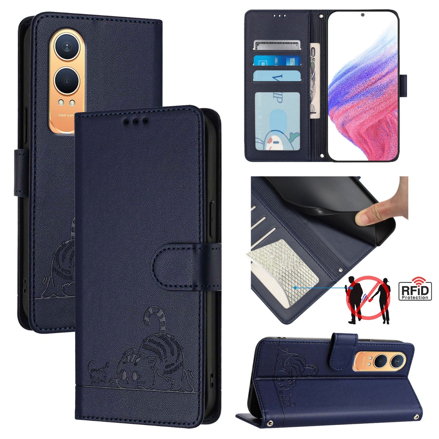 OnePlus Nord CE4 Lite Leather Phone Case with Cat and Rat Embossed Pattern, RFID Protection, Card Holder Slots, Anti-fall Feature & Lanyard