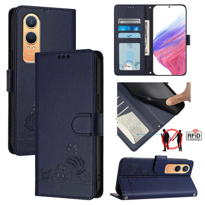 OnePlus Nord CE4 Lite Leather Phone Case with Cat and Rat Embossed Pattern, RFID Protection, Card Holder Slots, Anti-fall Feature & Lanyard