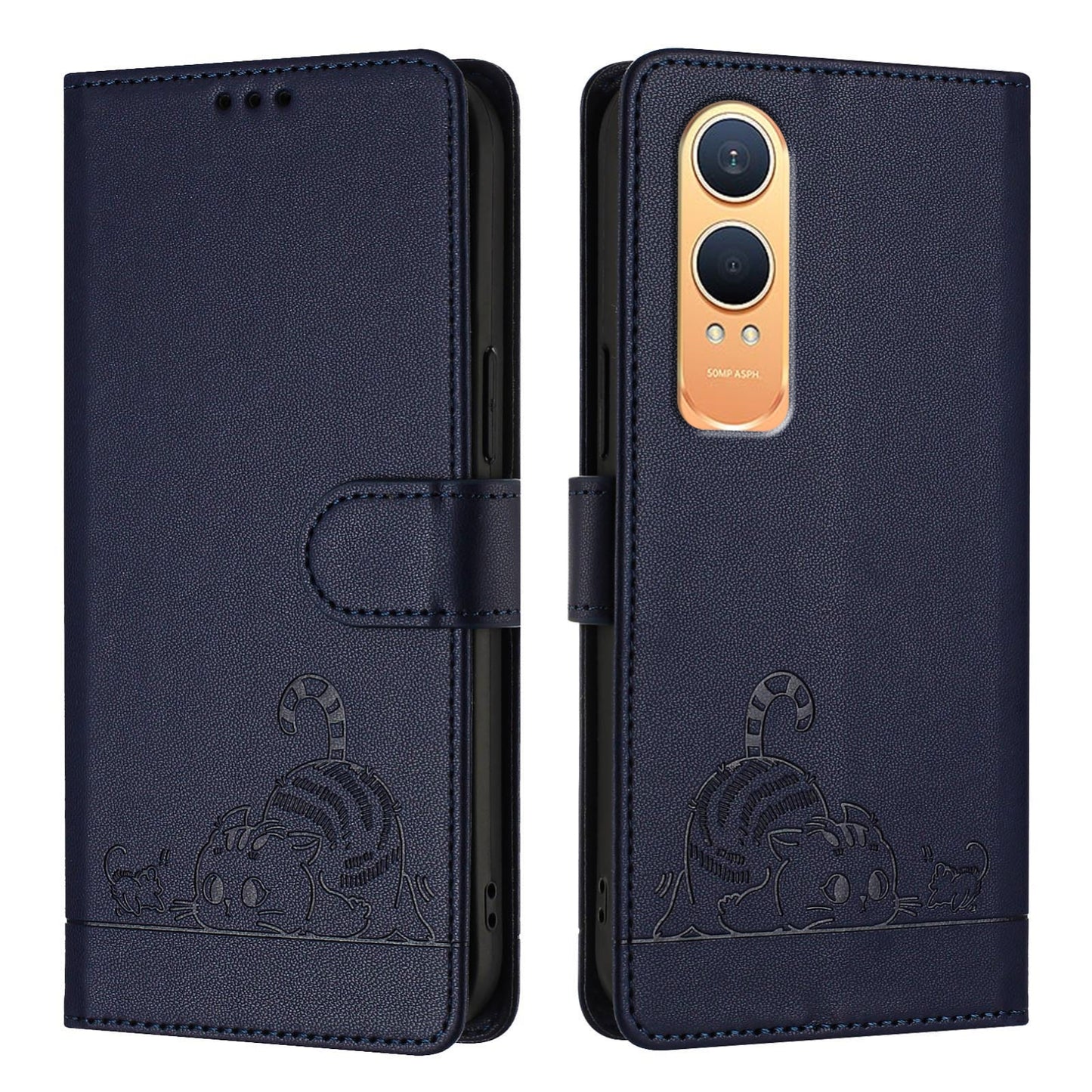 OnePlus Nord CE4 Lite Leather Phone Case with Cat and Rat Embossed Pattern, RFID Protection, Card Holder Slots, Anti-fall Feature & Lanyard