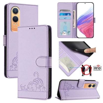 OnePlus Nord CE4 Lite Leather Phone Case with Cat and Rat Embossed Pattern, RFID Protection, Card Holder Slots, Anti-fall Feature & Lanyard
