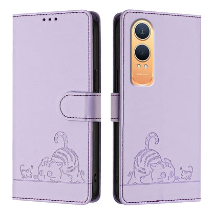 OnePlus Nord CE4 Lite Leather Phone Case with Cat and Rat Embossed Pattern, RFID Protection, Card Holder Slots, Anti-fall Feature & Lanyard