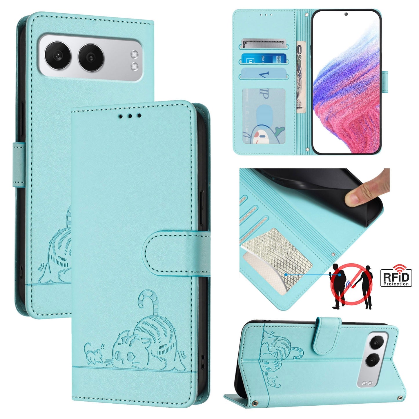 OnePlus Nord 4 5G Leather Phone Case with Cat and Rat Embossed Pattern, RFID Protection, Card Holder Slots, Anti-fall Feature & Lanyard