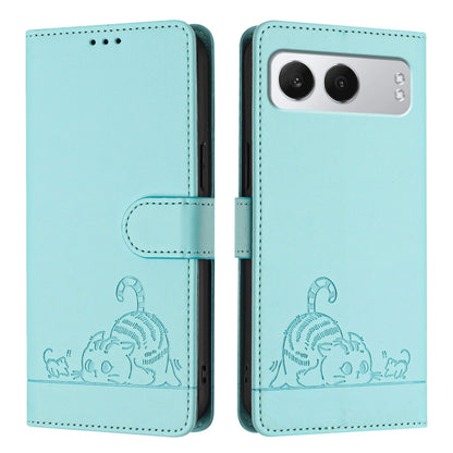 OnePlus Nord 4 5G Leather Phone Case with Cat and Rat Embossed Pattern, RFID Protection, Card Holder Slots, Anti-fall Feature & Lanyard