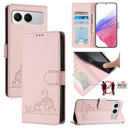 OnePlus Nord 4 5G Leather Phone Case with Cat and Rat Embossed Pattern, RFID Protection, Card Holder Slots, Anti-fall Feature & Lanyard