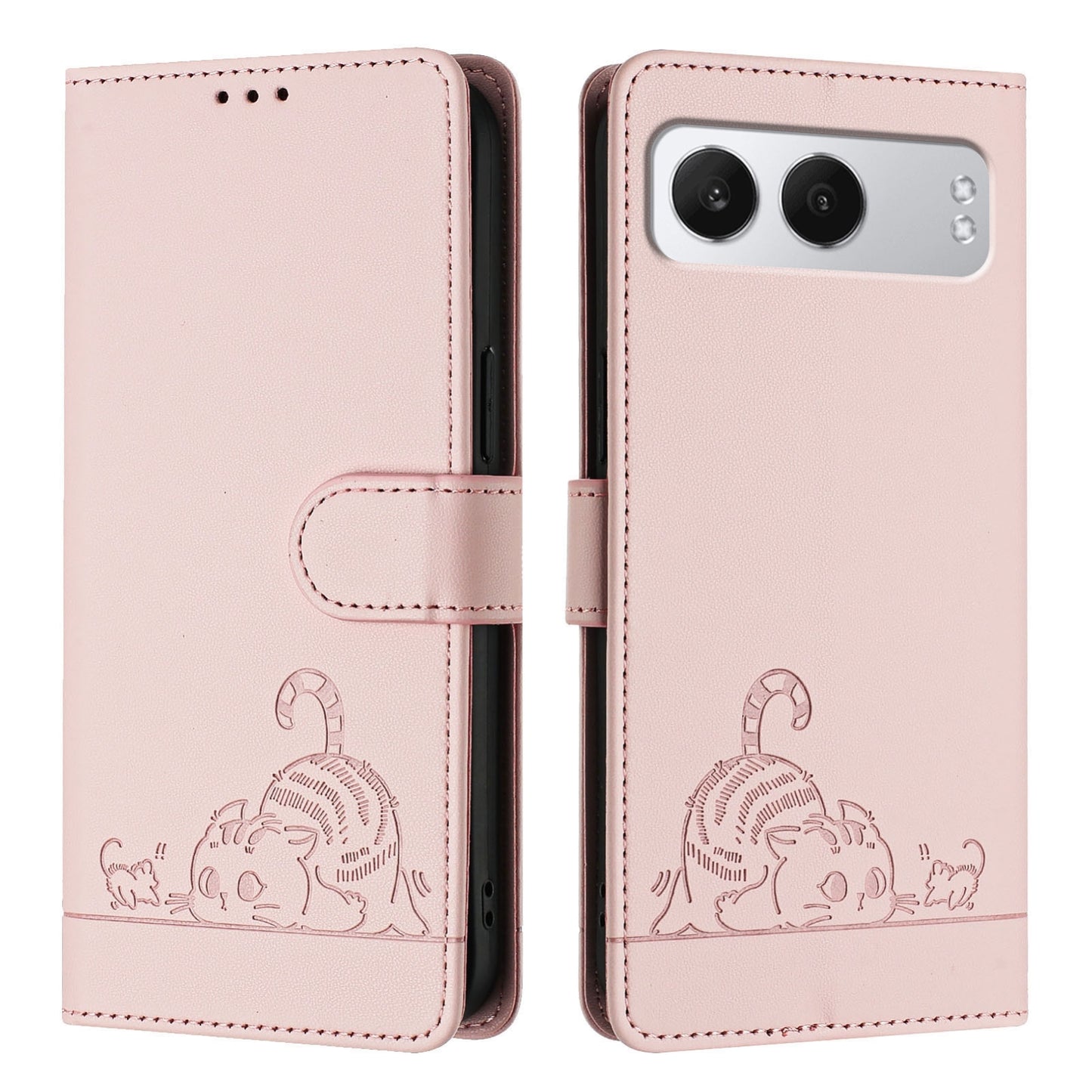 OnePlus Nord 4 5G Leather Phone Case with Cat and Rat Embossed Pattern, RFID Protection, Card Holder Slots, Anti-fall Feature & Lanyard
