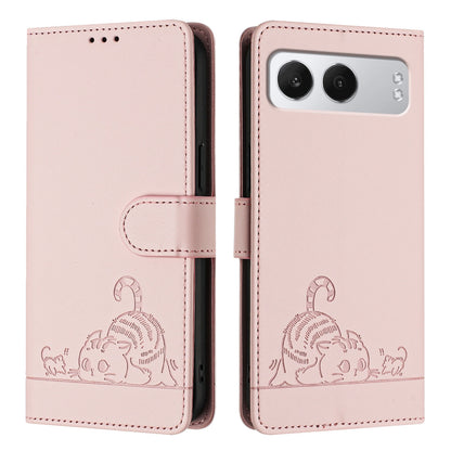 OnePlus Nord 4 5G Leather Phone Case with Cat and Rat Embossed Pattern, RFID Protection, Card Holder Slots, Anti-fall Feature & Lanyard