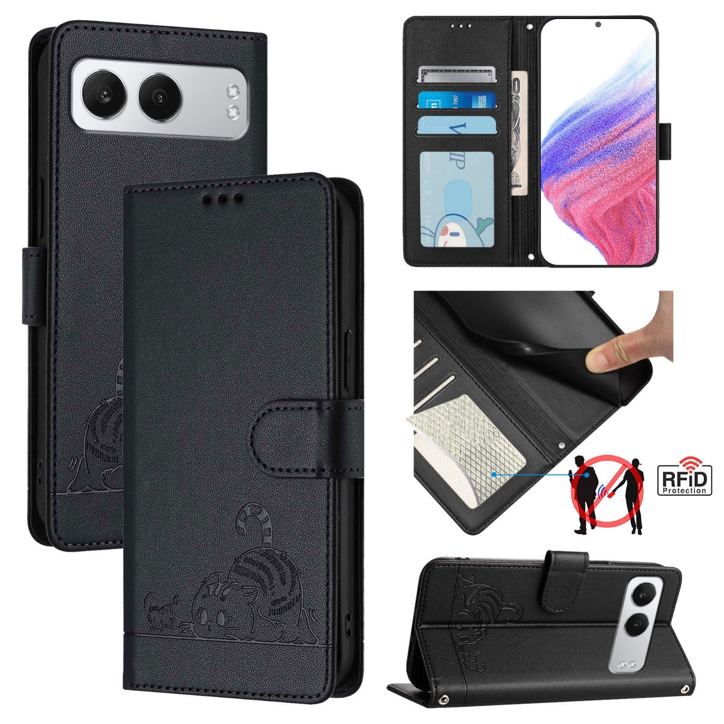 OnePlus Nord 4 5G Leather Phone Case with Cat and Rat Embossed Pattern, RFID Protection, Card Holder Slots, Anti-fall Feature & Lanyard
