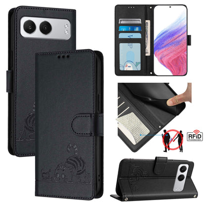 OnePlus Nord 4 5G Leather Phone Case with Cat and Rat Embossed Pattern, RFID Protection, Card Holder Slots, Anti-fall Feature & Lanyard
