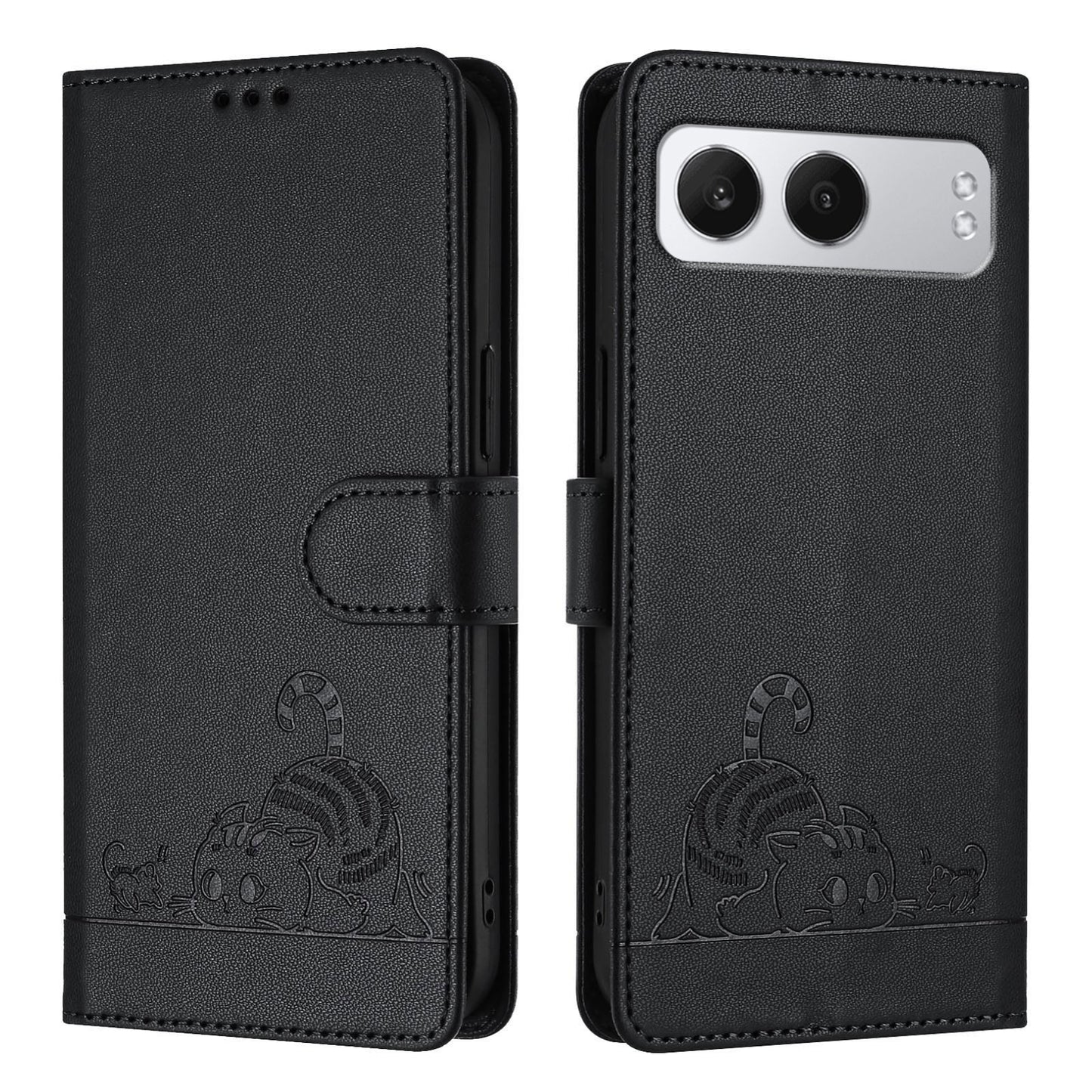 OnePlus Nord 4 5G Leather Phone Case with Cat and Rat Embossed Pattern, RFID Protection, Card Holder Slots, Anti-fall Feature & Lanyard