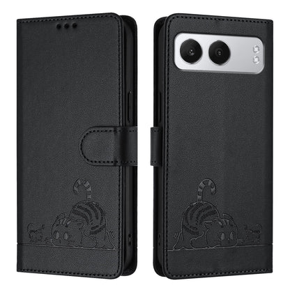 OnePlus Nord 4 5G Leather Phone Case with Cat and Rat Embossed Pattern, RFID Protection, Card Holder Slots, Anti-fall Feature & Lanyard