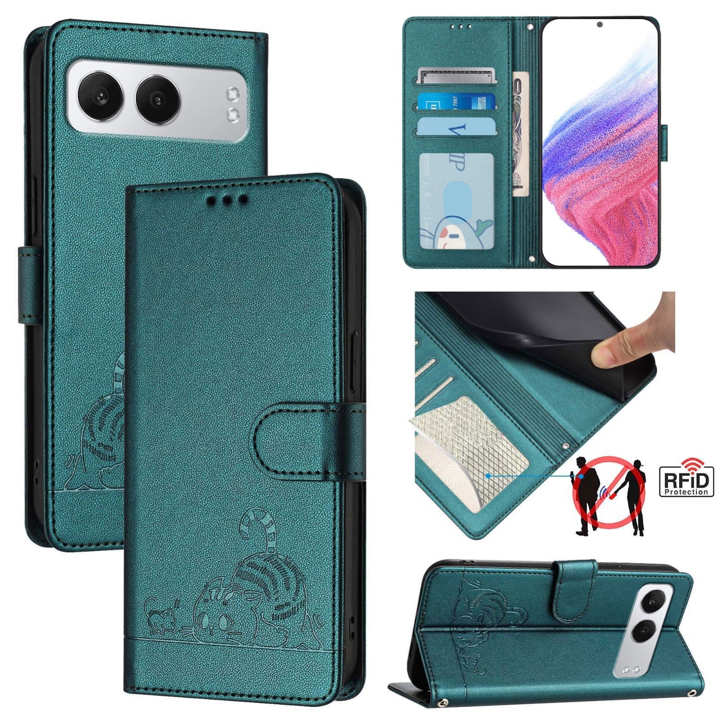 OnePlus Nord 4 5G Leather Phone Case with Cat and Rat Embossed Pattern, RFID Protection, Card Holder Slots, Anti-fall Feature & Lanyard