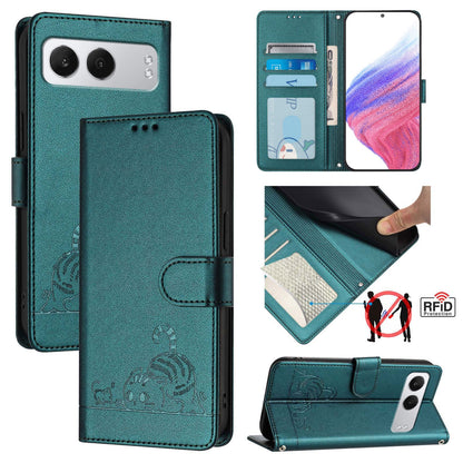 OnePlus Nord 4 5G Leather Phone Case with Cat and Rat Embossed Pattern, RFID Protection, Card Holder Slots, Anti-fall Feature & Lanyard