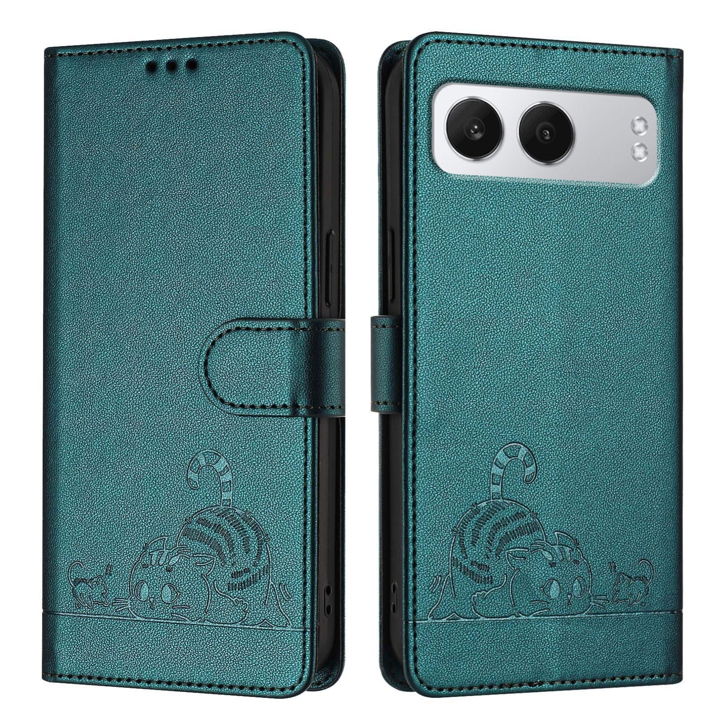 OnePlus Nord 4 5G Leather Phone Case with Cat and Rat Embossed Pattern, RFID Protection, Card Holder Slots, Anti-fall Feature & Lanyard