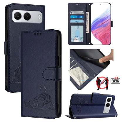 OnePlus Nord 4 5G Leather Phone Case with Cat and Rat Embossed Pattern, RFID Protection, Card Holder Slots, Anti-fall Feature & Lanyard