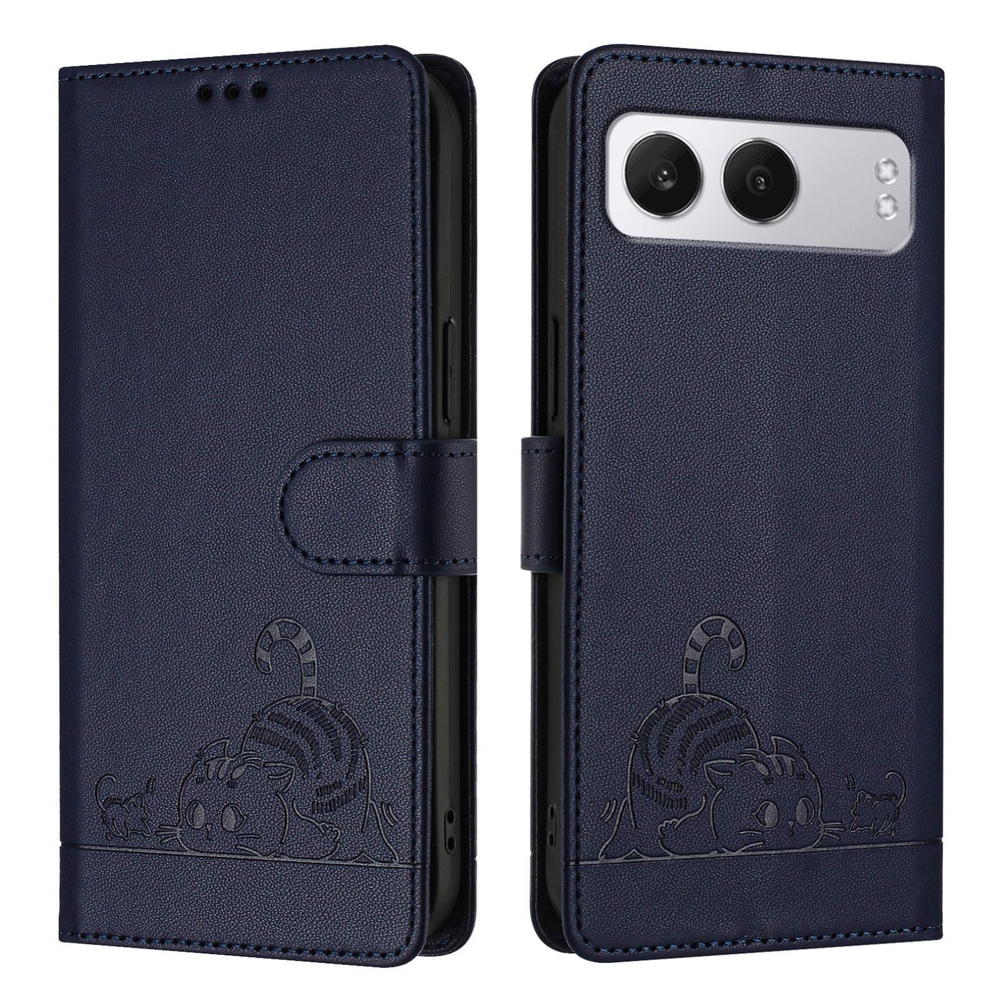 OnePlus Nord 4 5G Leather Phone Case with Cat and Rat Embossed Pattern, RFID Protection, Card Holder Slots, Anti-fall Feature & Lanyard