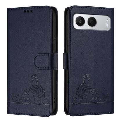 OnePlus Nord 4 5G Leather Phone Case with Cat and Rat Embossed Pattern, RFID Protection, Card Holder Slots, Anti-fall Feature & Lanyard