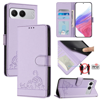 OnePlus Nord 4 5G Leather Phone Case with Cat and Rat Embossed Pattern, RFID Protection, Card Holder Slots, Anti-fall Feature & Lanyard