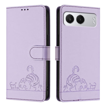 OnePlus Nord 4 5G Leather Phone Case with Cat and Rat Embossed Pattern, RFID Protection, Card Holder Slots, Anti-fall Feature & Lanyard