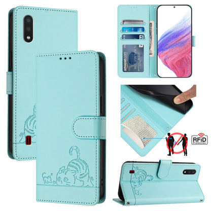 Samsung Galaxy A01 EU Version Leather Phone Case with Cat and Rat Embossed Pattern, RFID Protection, Card Holder Slots, Anti-fall Feature & Lanyard