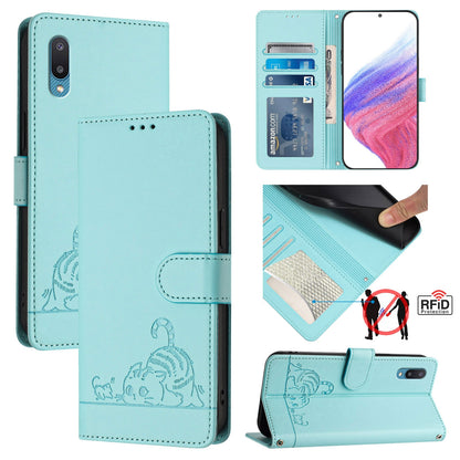 Samsung Galaxy A02 Leather Phone Case with Cat and Rat Embossed Pattern, RFID Protection, Card Holder Slots, Anti-fall Feature & Lanyard