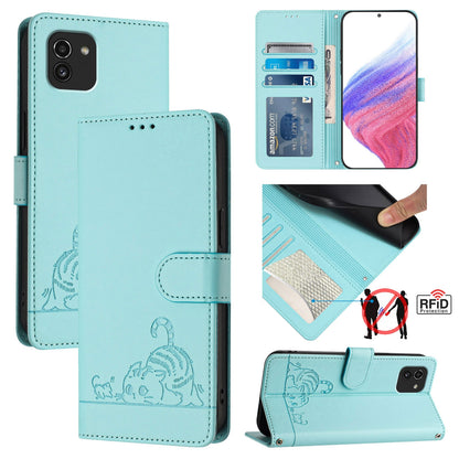 Samsung Galaxy A03 166mm Leather Phone Case with Cat and Rat Embossed Pattern, RFID Protection, Card Holder Slots, Anti-fall Feature & Lanyard