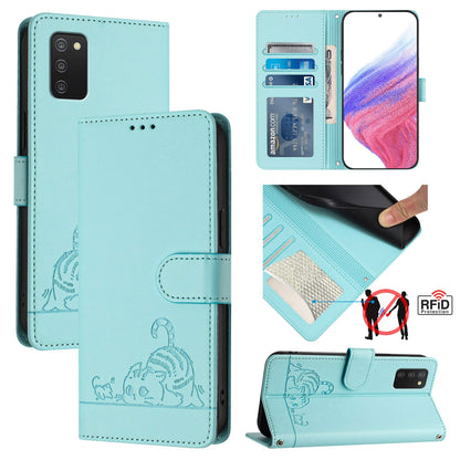 Samsung Galaxy A03s 164mm Leather Phone Case with Cat and Rat Embossed Pattern, RFID Protection, Card Holder Slots, Anti-fall Feature & Lanyard