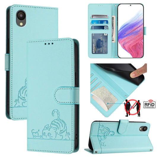 Samsung Galaxy A03 Core 4G Leather Phone Case with Cat and Rat Embossed Pattern, RFID Protection, Card Holder Slots, Anti-fall Feature & Lanyard