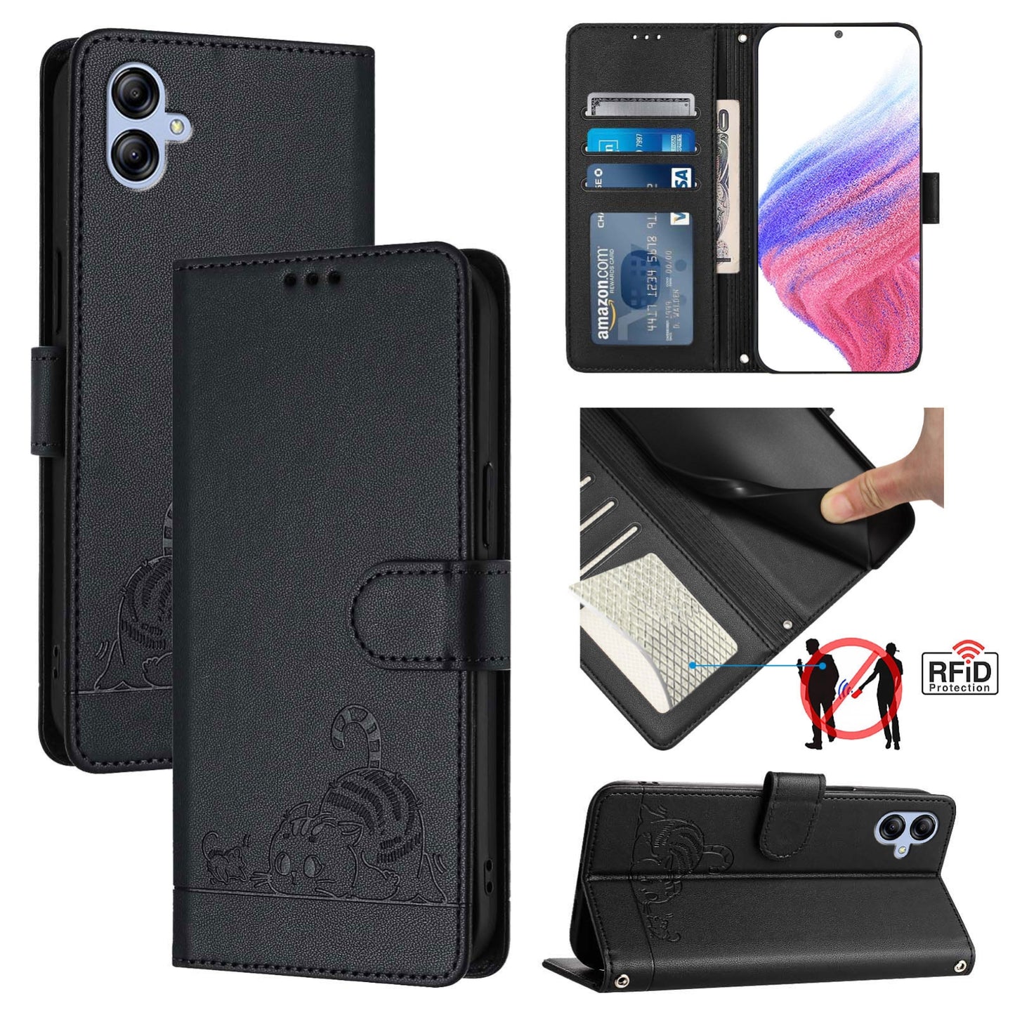 Samsung Galaxy A04e 4G Leather Phone Case with Cat and Rat Embossed Pattern, RFID Protection, Card Holder Slots, Anti-fall Feature & Lanyard