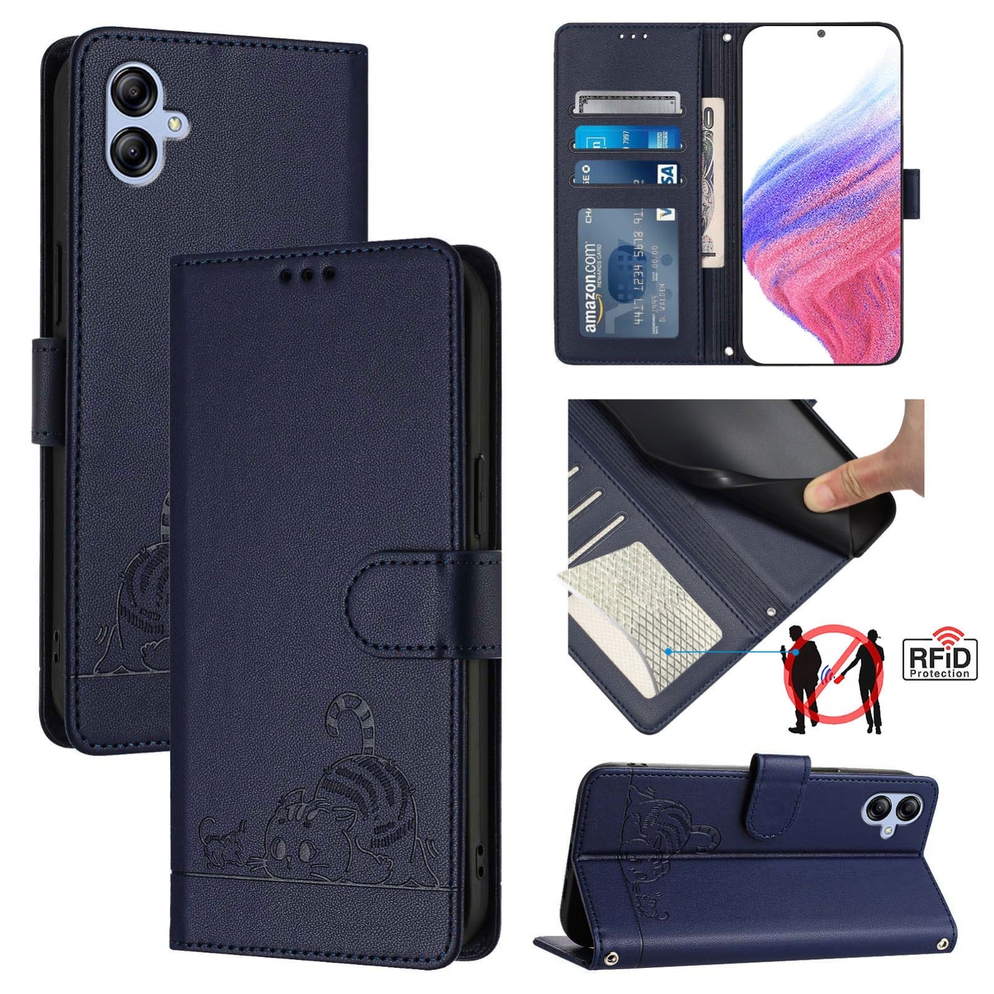 Samsung Galaxy F04 4G Leather Phone Case with Cat and Rat Embossed Pattern, RFID Protection, Card Holder Slots, Anti-fall Feature & Lanyard