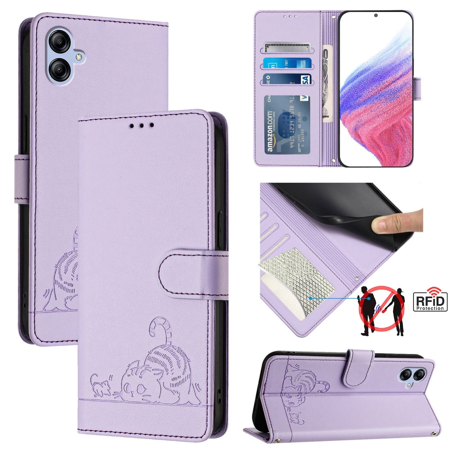 Samsung Galaxy A04e 4G Leather Phone Case with Cat and Rat Embossed Pattern, RFID Protection, Card Holder Slots, Anti-fall Feature & Lanyard