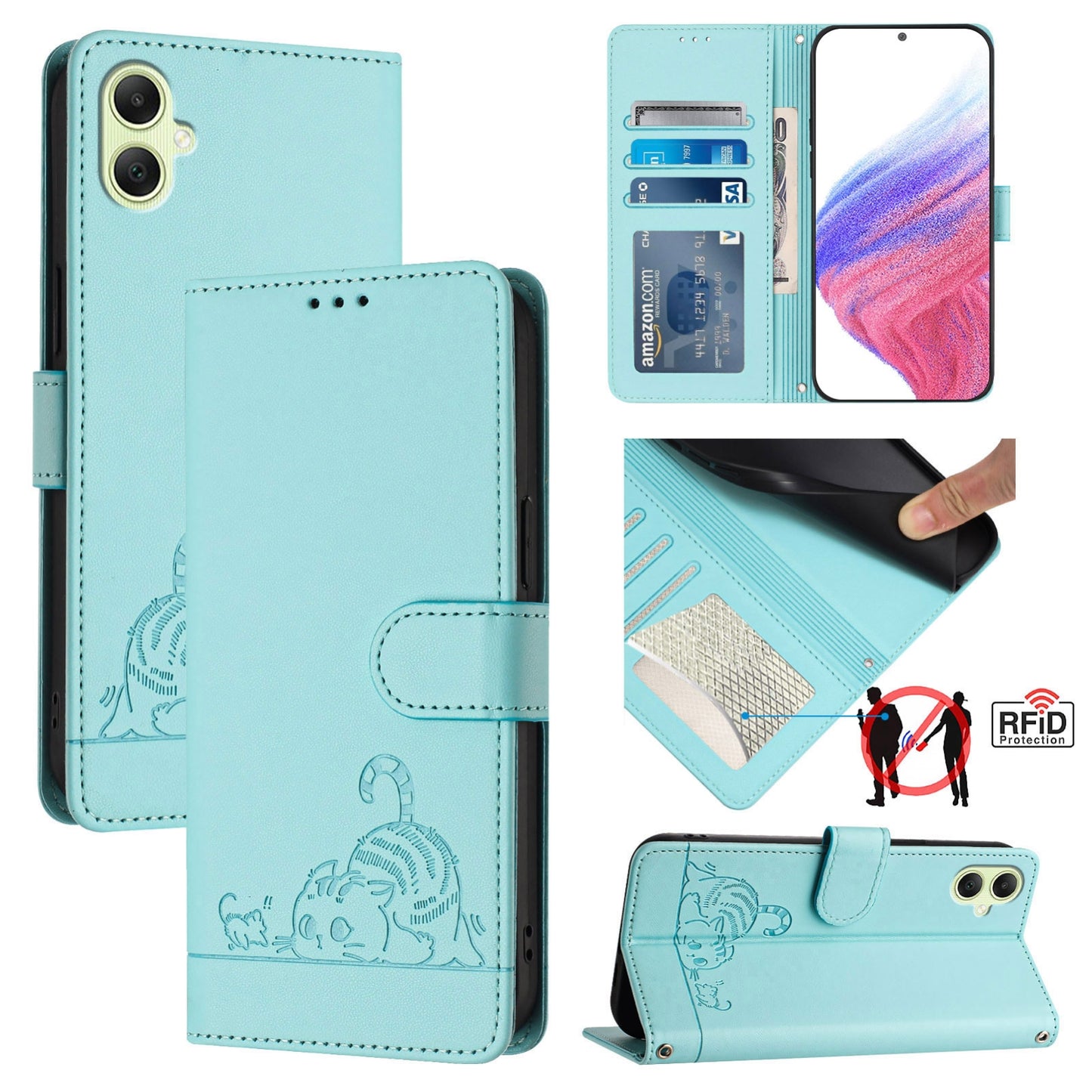 Samsung Galaxy A05 4G Global Leather Phone Case with Cat and Rat Embossed Pattern, RFID Protection, Card Holder Slots, Anti-fall Feature & Lanyard
