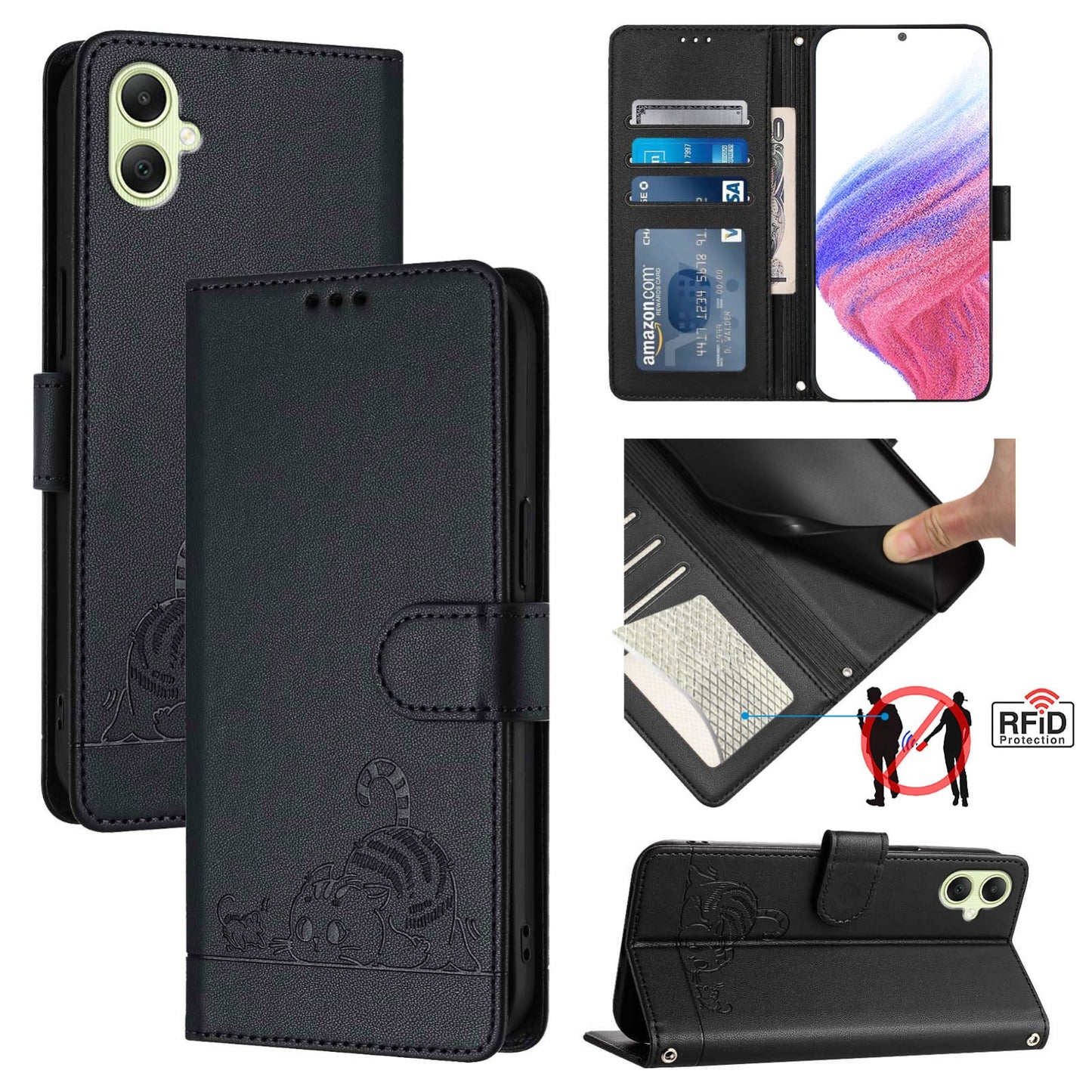 Samsung Galaxy A05 4G Global Leather Phone Case with Cat and Rat Embossed Pattern, RFID Protection, Card Holder Slots, Anti-fall Feature & Lanyard