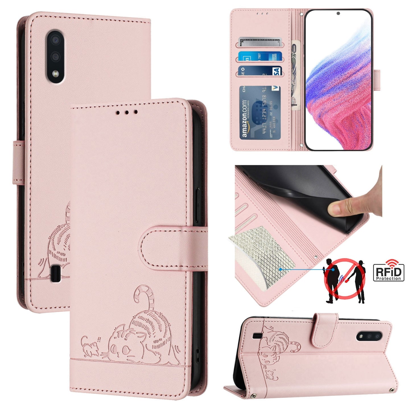 Samsung Galaxy M10 EU Version Leather Phone Case with Cat and Rat Embossed Pattern, RFID Protection, Card Holder Slots, Anti-fall Feature & Lanyard