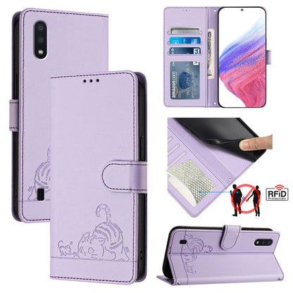 Samsung Galaxy A10 Leather Phone Case with Cat and Rat Embossed Pattern, RFID Protection, Card Holder Slots, Anti-fall Feature & Lanyard