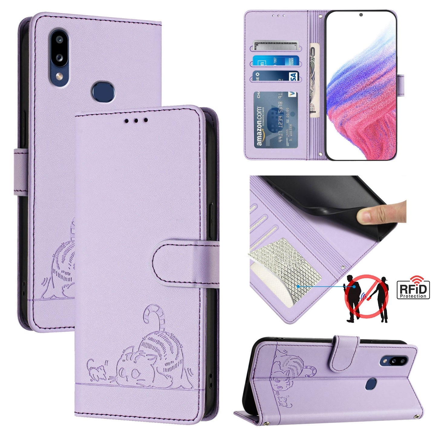 Samsung Galaxy A10s Leather Phone Case with Cat and Rat Embossed Pattern, RFID Protection, Card Holder Slots, Anti-fall Feature & Lanyard
