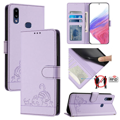 Samsung Galaxy A10s Leather Phone Case with Cat and Rat Embossed Pattern, RFID Protection, Card Holder Slots, Anti-fall Feature & Lanyard