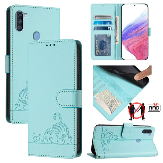 Samsung Galaxy A11 EU Version Leather Phone Case with Cat and Rat Embossed Pattern, RFID Protection, Card Holder Slots, Anti-fall Feature & Lanyard