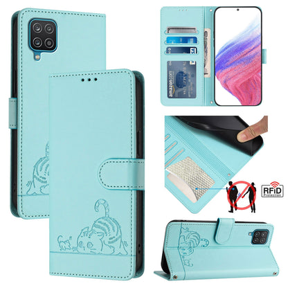 Samsung Galaxy A12 Leather Phone Case with Cat and Rat Embossed Pattern, RFID Protection, Card Holder Slots, Anti-fall Feature & Lanyard