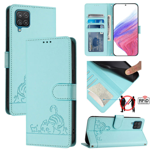 Samsung Galaxy A12 Leather Phone Case with Cat and Rat Embossed Pattern, RFID Protection, Card Holder Slots, Anti-fall Feature & Lanyard