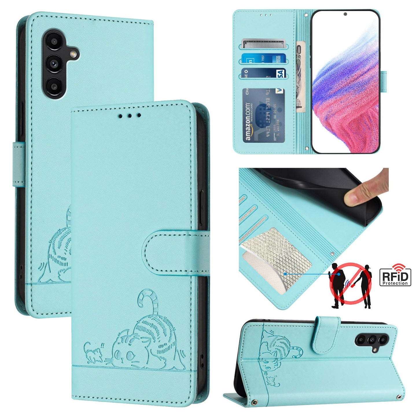 Samsung Galaxy A13 4G Leather Phone Case with Cat and Rat Embossed Pattern, RFID Protection, Card Holder Slots, Anti-fall Feature & Lanyard