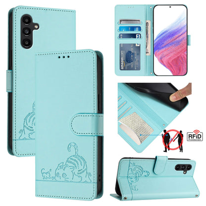 Samsung Galaxy A13 5G Leather Phone Case with Cat and Rat Embossed Pattern, RFID Protection, Card Holder Slots, Anti-fall Feature & Lanyard