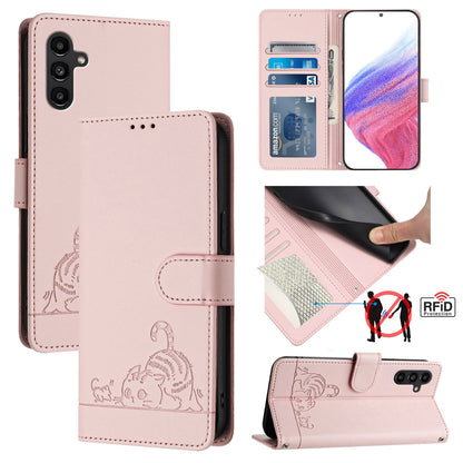 Samsung Galaxy A13 4G Leather Phone Case with Cat and Rat Embossed Pattern, RFID Protection, Card Holder Slots, Anti-fall Feature & Lanyard