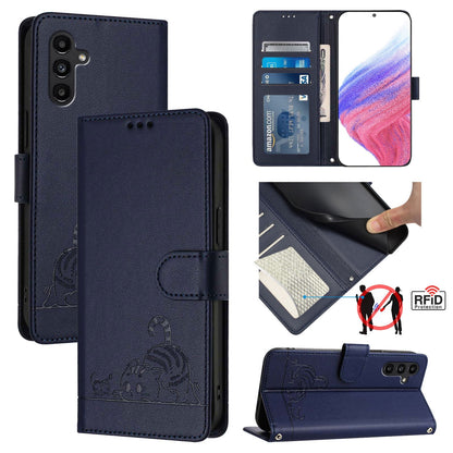 Samsung Galaxy A04 4G Leather Phone Case with Cat and Rat Embossed Pattern, RFID Protection, Card Holder Slots, Anti-fall Feature & Lanyard
