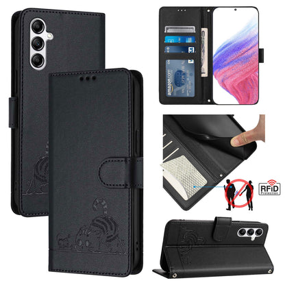 Samsung Galaxy A14 4G Leather Phone Case with Cat and Rat Embossed Pattern, RFID Protection, Card Holder Slots, Anti-fall Feature & Lanyard